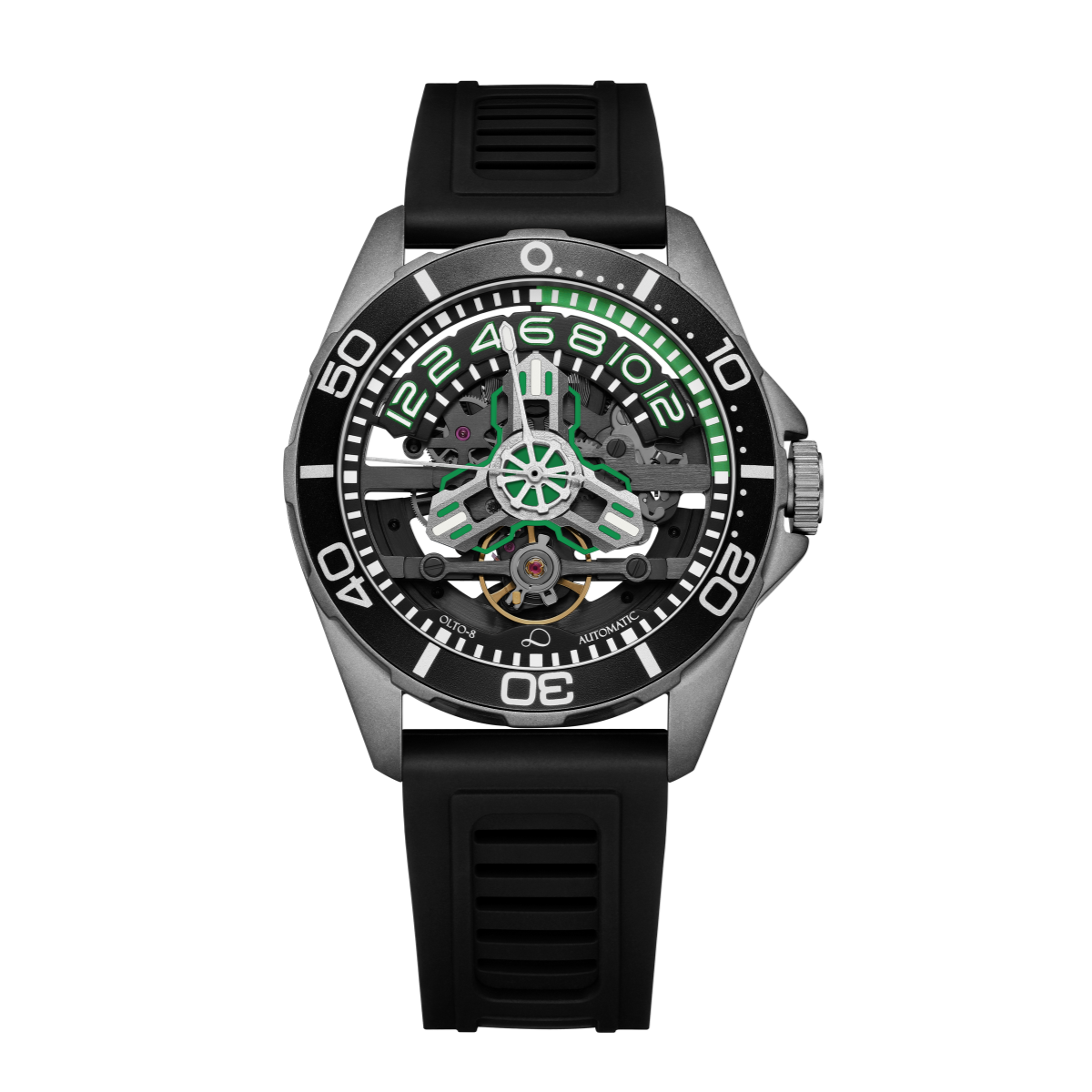 8:58 Orbital Paul Hartnoll Flood オービタル OLTO-8 TIDE X Diving Automatic Neon Green - 200M Skeleton Watch