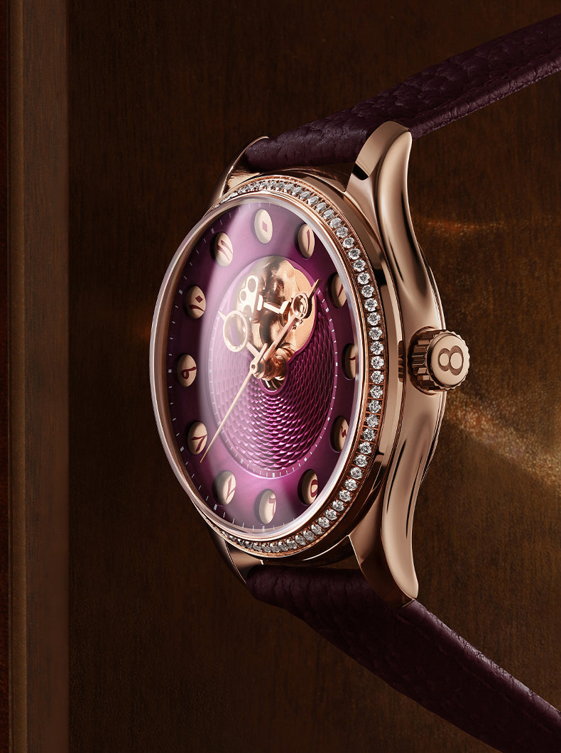 Chrono Gate Jewel Edition angled burgundy dial view